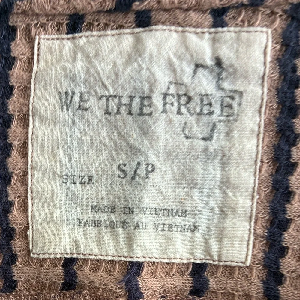 We The Free Auntie Em Brown and Black Striped Fringe Neck Peplum Sweater Top S